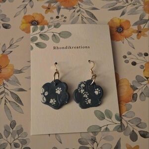 🆕️ Clay Teal/White Paw Print Stud Earrings w/ Drop Dangle Made by Local Artist